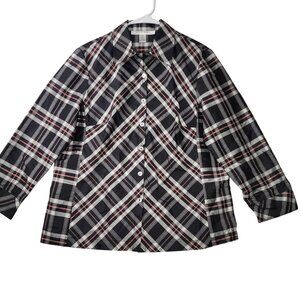 Rafael Womens Plaid Silk Button-Up Shirt Size 10 Black/Gray/Pink Long Sleeve